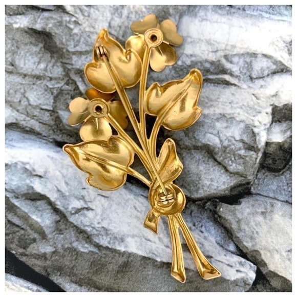 Vintage Signed Coro Art Deco Glass Blue Rhinestone Flower Gold Metal Brooch Pin - Picture 8 of 9